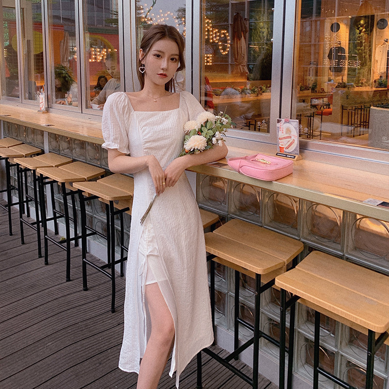 【岛歌茶歇裙】2021夏季韩版时尚显瘦中长款开叉短袖连衣裙